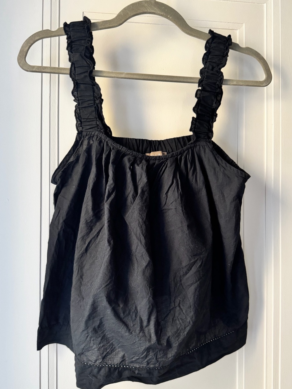 Black Lightweight Cotton Ruffled Strap Tank Top